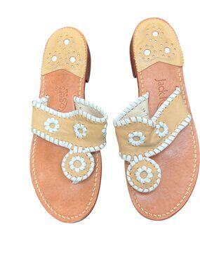 Jack Rogers Tan & White Leather Whipstitch Thong Sandals, Size 6